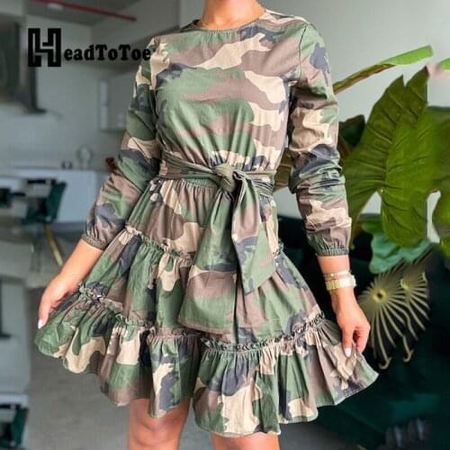 Camouflage Print Long Sleeve Belted Shirring Dress Women Casual Midi Dress