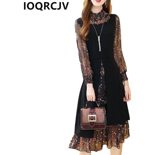Women Chiffon Dress Spring Autumn 2019 Print Floral Women Stitching Fake Two-piece A Line Long-sleeve Dress Female Plus size 4XL