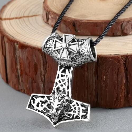 QIAMNI Thors Hammer Mjolnir Viking Lion Cross Amulet Pendant Necklace for Men Norse Scandinavian Talisman Viking Jewelry Bijoux