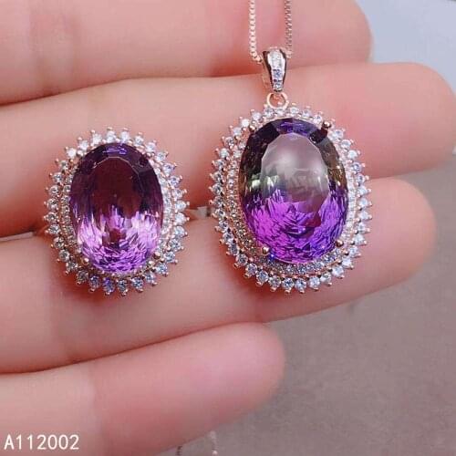 KJJEAXCMY fine jewelry Ametrine 925 sterling silver women gemstone pendant necklace chain ring set exquisite