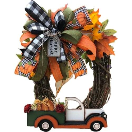 Creative Halloween Pumpkin Truck Wreath Fall Harvest Maple Leaf Plaid Bowknot Garland Farmhouse Thanksgiving Door Decor