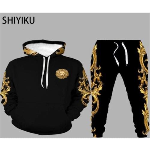 SHIYIKU Printing Fashion Brand Mens Casual Sweater Hoodie + Pants Two-Piece Sportswear Trendy Jogging Fitness Sweatshirt Suit
