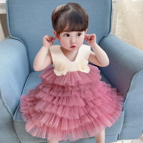 Baby Girls Layered Dress 6 - 24Months Princess Net Gauze Sleeveless Applique Fluffy Costumes Dress Wedding/Birthday Party Gown