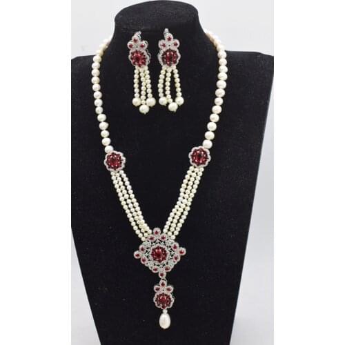 One set freshwater pearl white near round 7-8mm and red/green/blueflower zircon necklace earrings nature FPPJ wholesale beads