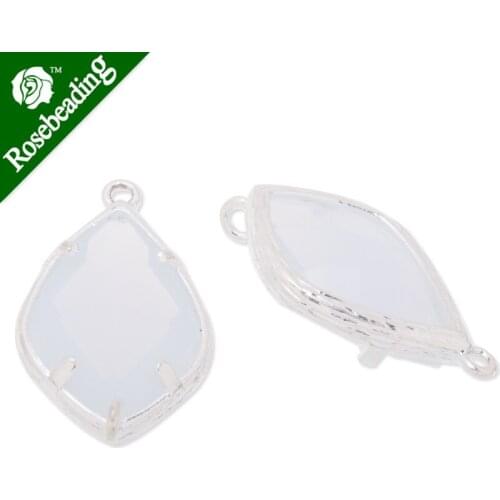 14x24mm framed glass,metal framed glass,Faceted glass,white opal,connectors,gemstone bezel,Sold 5pcs/lot-C3651