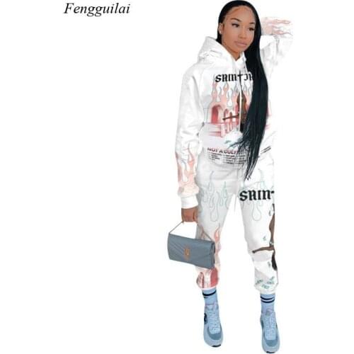 Autumn and Winter Womens Solid Color 2-Piece Printed Cartoon Sportswear Hoodie Top + Trousers Sportswear Female Suit Sportswear