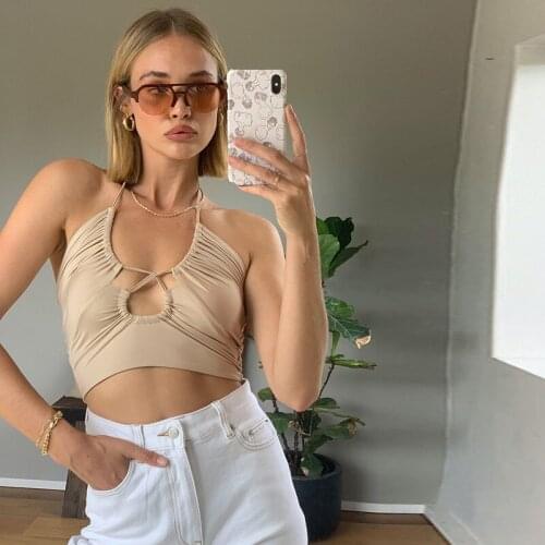 Sexy Women Camis Drawstring Hollow Out Hollow Out Halter Sling Tank Crop Tops Solid Skinny Casual Vest 2021 Summer Beach Fashion