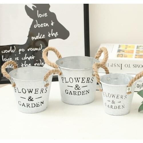 Retro old brush white iron leather flowerpot bucket balcony decoration