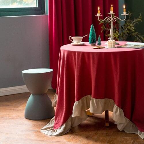 French Retero Red Square Table Cloth with Champange Falbala Christamas Luruxy Solid Cotton Dinning Table Covers Dustyproof Decor