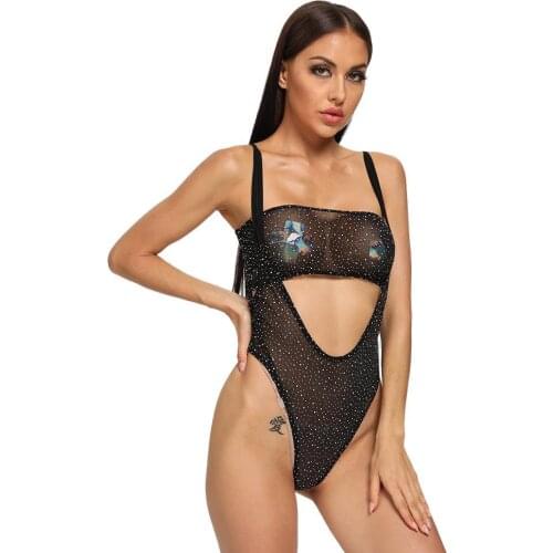 Sexy Costumes Women Crystal Women Transparent Black Rhinestone Bather Bodysuit Female Suits Lingerie Porno 2pcs suit lingerie
