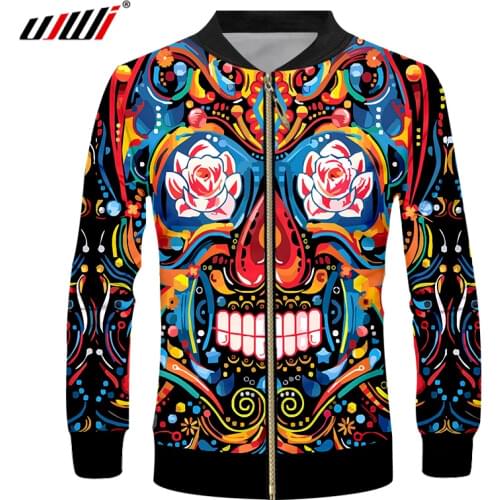 UJWI 3d Colorful Flower Skulls All Over Print Baseball Jackets Cool Man Zip Up Long Sleeve College Cardigan Coats Custom S-6XL