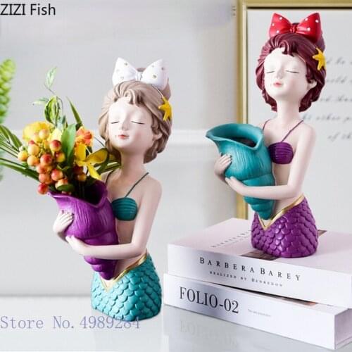 European-style Mermaid Vase Flower Pot Flower Arrangement Desktop Decoration Resin Cartoon Girl Vase Living Room Home Decoration
