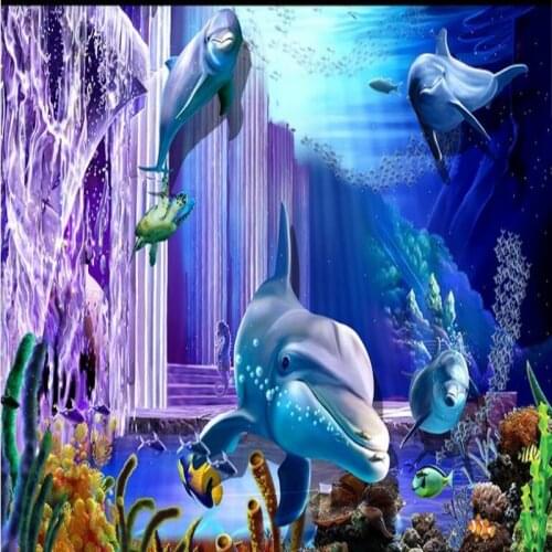 Wellyu Custom large fresco 3D underwater palace dolphin TV backdrop non - woven wallpaper papel de parede para quarto