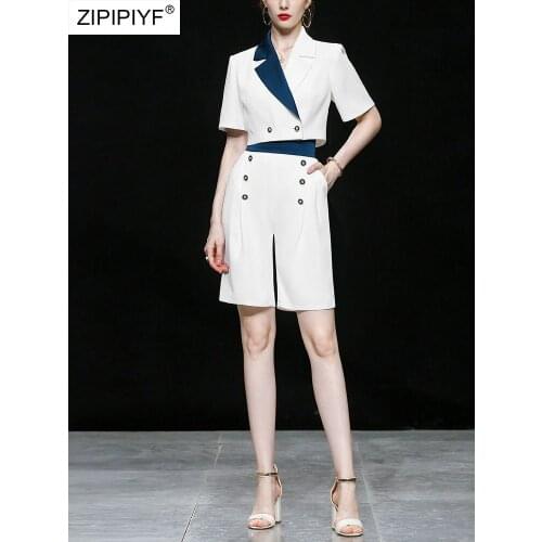 2021 Summer Runway Fashion Turn Down Necl Short Sleeve Double-Breasted Cropped Blazers Pockets Loose Zipper Up Office Suits Z438