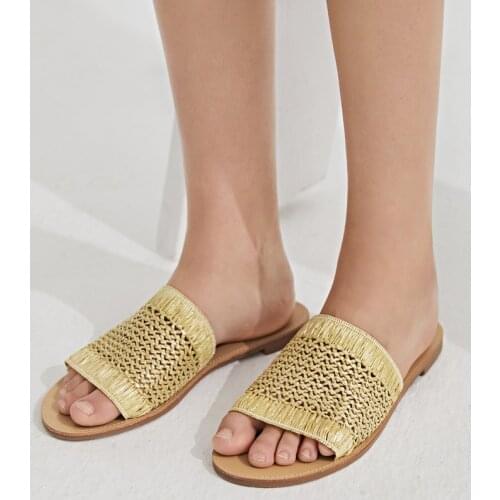 Europe Summer New Rattan Weave Hollow Womens Slippers Casual Flat Slides Shoes Ins Ladies Sandals Outdoor Slip On Beach Shoes