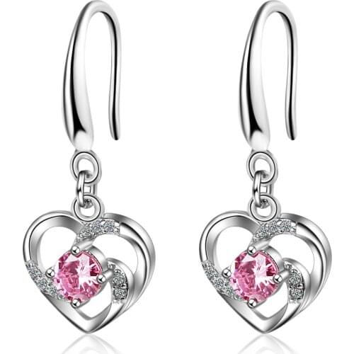 925 Sterling Silver Pink Crystal Heart Shape Stud Earrings For Women Party Wedding Jewelry Pendientes Mujer Moda eh475