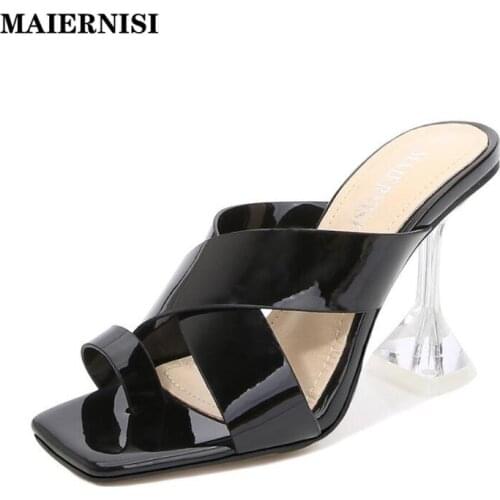 MAIERNISI 2021 Summer Newly Arrived Women Pumps Sexy Square Toe Herringbone High Heels Slippers Ladies Black White Red Sandals