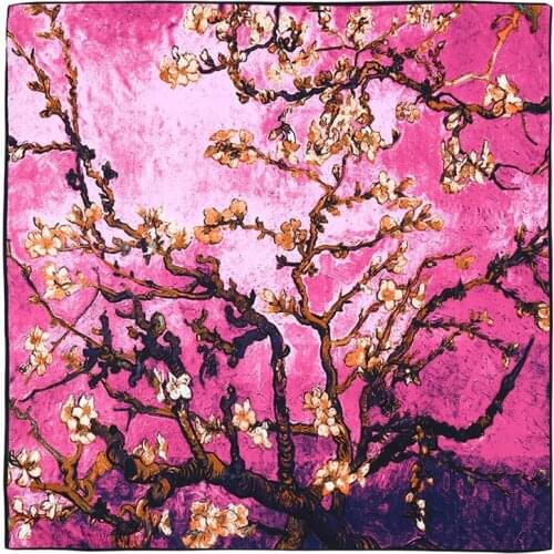 POBING 100% Silk Scarf Women Life Tree Print Stoles Bandana Female Beach Shawl&Wrap Large Foulard Square Scarves 130*130CM