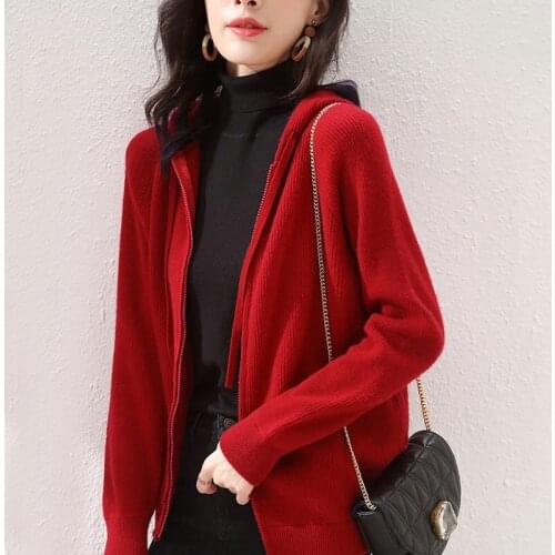 LHZSYY 100%Pure Wool Sweater Women Cardigan 2020 Autumn Winter Thick Hooded Jacket Knitted Large Size Short Outside Cashmere Top