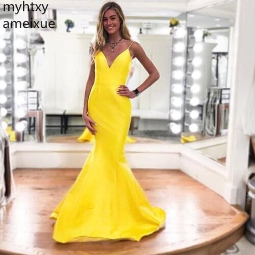 Sexy Cheap Mermaid Evening Dresses V-neck Floor Length 2020 Yellow Satin Spaghetti Straps Robe De Soiree New Women Formal Party