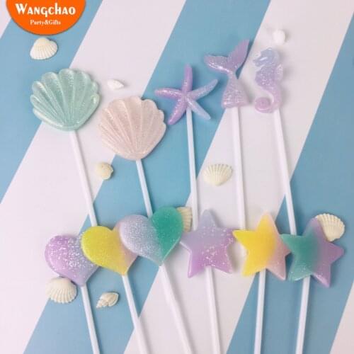 1 Set Cake Summer Ocean Resin Shell Mermaid Tail Star Love Heart Cake Topper Mermaid Decoration Birthday Party Supplies