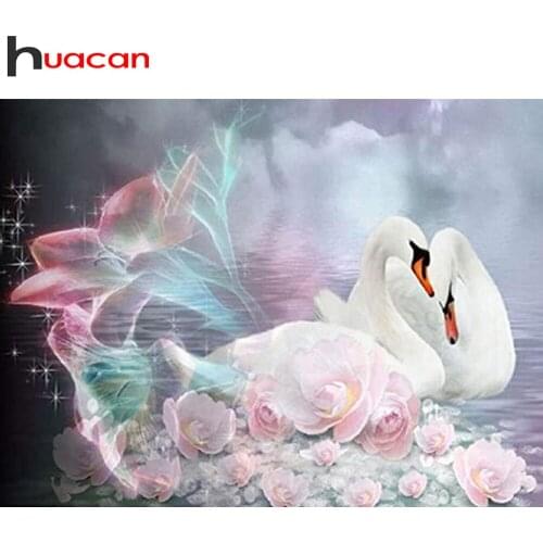 Huacan 5d Diamond Painting Full Drill Swan Fantasy Home Decor Mosaic Embroidery Animal Color Flower Wall Stickers Diamond Art