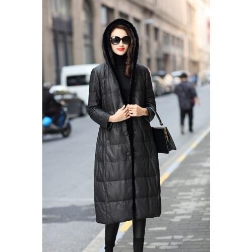 Free Shipping New Genuine Lamb Leather Jacket X-long Womens Down Coat with Mink hood edge Sheepskin Wholesale Retail OEM