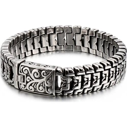 Vintage Pattern Men Bracelet Stainless Steel Geometry Box Link Chain Wrist Band Trendy Punk Style Fashion Jewelry Boy Gift