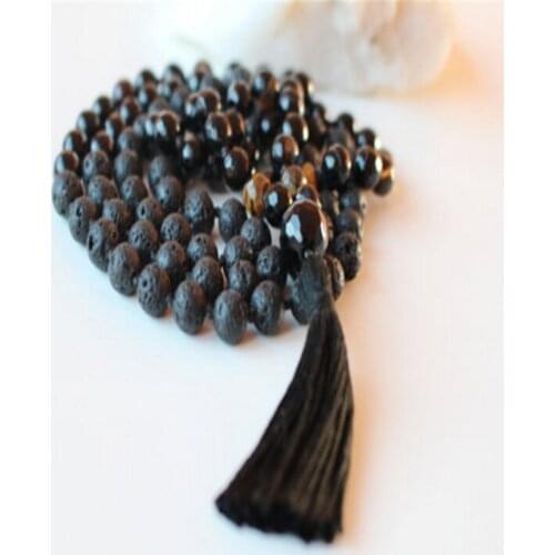 8MM Black Lava Tiger Eye gemstone Tassel Mala Necklace Chakas cuff Wrist Lucky Fancy Unisex Bless Healing chain Reiki