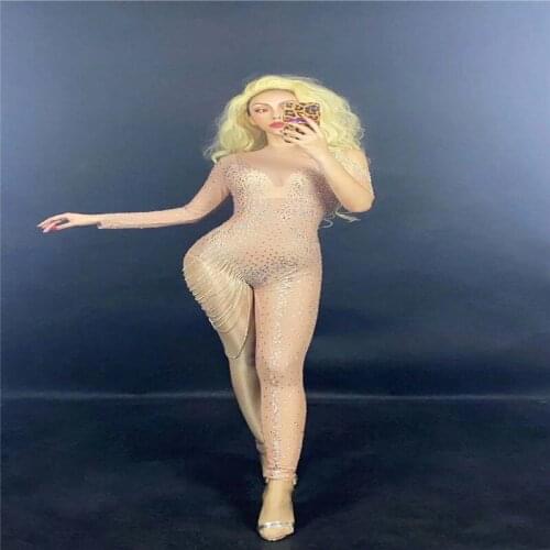 H44 Pole Dance Rhinestone Party Diamond Chain Singer Show Fashion Mesh Sexy Bar Elasticity Stretched Bodysuit Asymmetric Sleeves