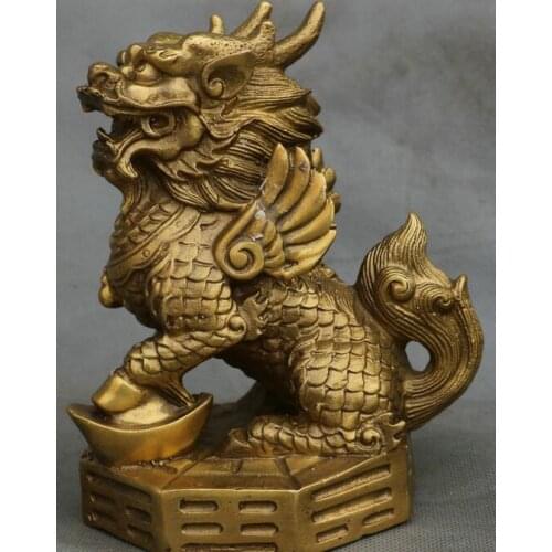 China Bronze collect yuan bao feng shui Kylin Chi-lin Qilin Therion statue