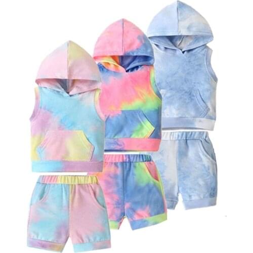 2021 Summer Toddler Boys Clothing Sets Girls Outfit Tie Dyed Print Sleeveless Hoodie Sweater + Shorts For 1-3yrs Kids Tracksuit