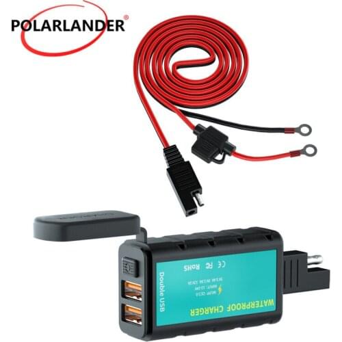 Square Dual USB Fast Charge Charger Waterproof SAE Interface ABS DC12-24V ZH-1422C2/ ZH-1422C3 1 or 1.4m Cable Black and Red