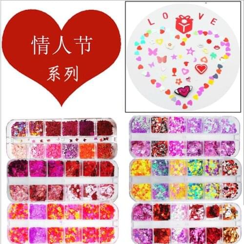 12 Grids/Set Valentine Love Sequins Red Suit Lips Mixed Size Nail Glitter Flakes 3D Sequins Nail Art Decoration Manicure Tools