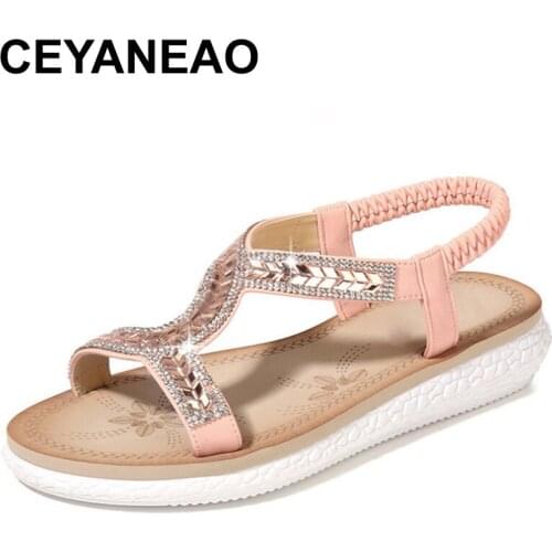 CEYANEAO Outdoor beach with soft sole 2019 new european and american style retro rhinestone glass womens sandals
