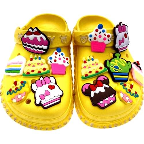 Wholesale 50PCS Cartoon Cake Icon Shoes Charms DIY Accessories For Croc Jibizt Silpper Dessert Decoration Girls BB Party Gifts