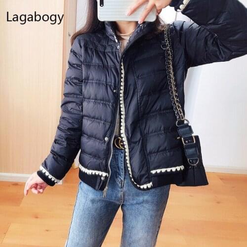 Lagabogy 2021 New Winter Women 90% White Duck Down Coat Ultra Light Casual Short Parkas Stand Collar Zipper Lace Solid Jacket