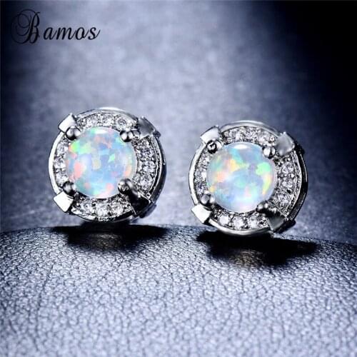 Bamos White Fire Opal Stud Earrings Minimalist Round Earring For Women Silver Color Wedding Jewelry Accessories