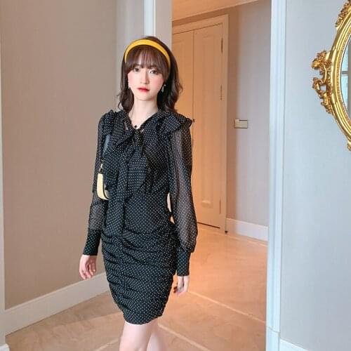 2021 Summer New Ruffle Lace Up Waist Pack Hip Wave Point Chiffon Dress