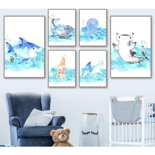 Sea Whale Shark Octopus Ray Ocean Animal Wall Art Canvas Painting Nordic Posters And Prints Wall Pictures Baby Kids Room Decor