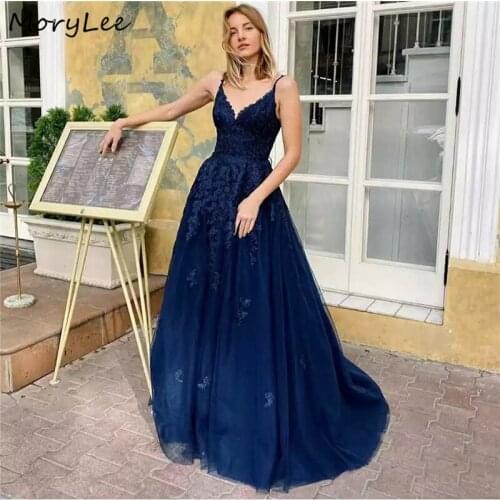 Navy Blue Evening Dresses With Lace Up Back V-Neck Sleeveless Lace Applique Crystal Beaded Tulle Evening Dresses вечернее платье
