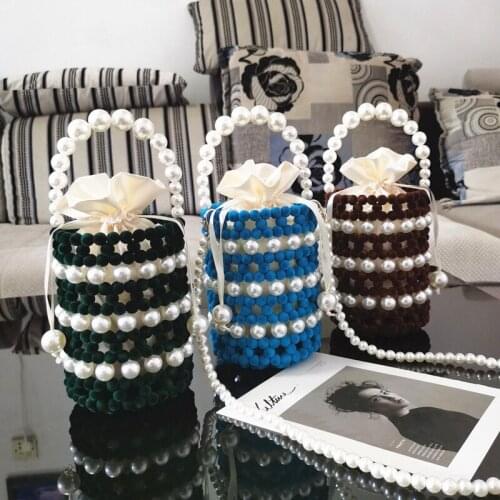 Top Quality Handmade Clutch Shoulder Tote Bag Pearl Bucket Beaded Bag Stone Wedding Handbag