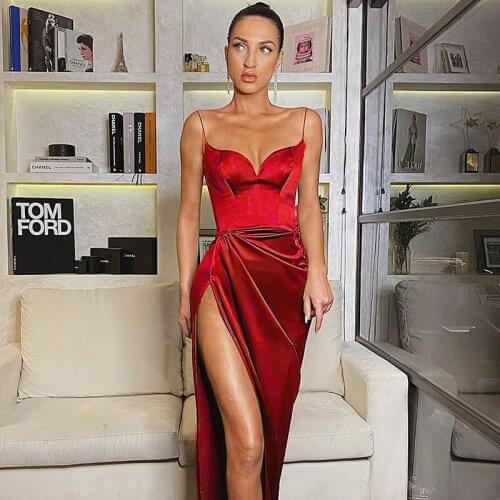 Wsevypo Women Sexy High Slit Midi Dress Party Clubwear Sleeveless Spaghetti Straps Low Cut Sundress Ruched Wrapped Dresses
