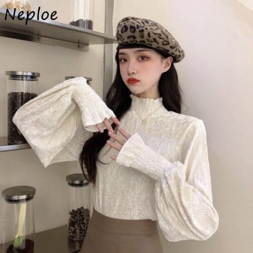 Neploe Solid Color Vintage Puff Sleeve Women Blouse Spring Autumn Turtleneck Shirts French Style Pleated Pullover Femme Blusas