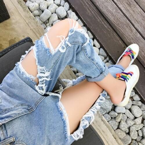 Big Ripped Jeans Womens 2021 Summer New Beggar Pants High Waist Loose and Thin Torn Nine-Point Wide-Leg Pants Cute and Sexy