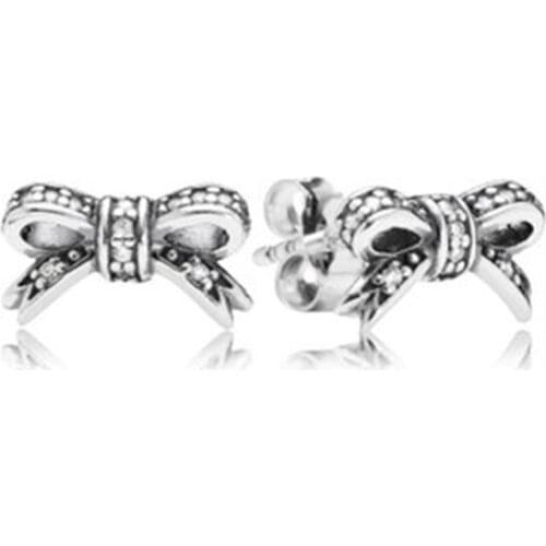 925 Sterling Silver Original Rose Gold Sparkling Delicate Bow Pan Stud Earrings With Clear Cubic Zirconia For Gift Jewelry