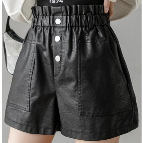 PU Leather Shorts Women 2021 New Autumn Winter Womens High Waist Loose Korean Style Elastic Wide Leg Black Shorts Pockets Femme