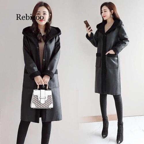 Womens Fur Coat Winter Thermal PU Leather Jackets High Quality Ladies Long Parkas Black Hooded Fur Outerwear