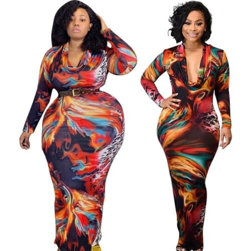 S-5XL Long Sleeve Maxi Dress Sexy Party Night Club Dress Women Fashion Graffiti Print V Neck Streetwear Plus Size Fall Clothes