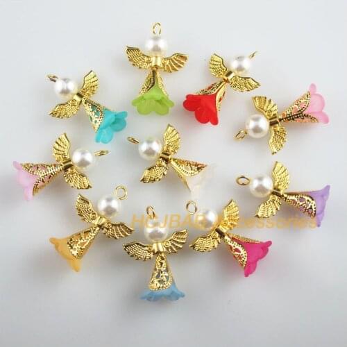 10 New Lovely Angel Charms Mixed Acrylic Gold Color Wings Pendants 21.5x29mm